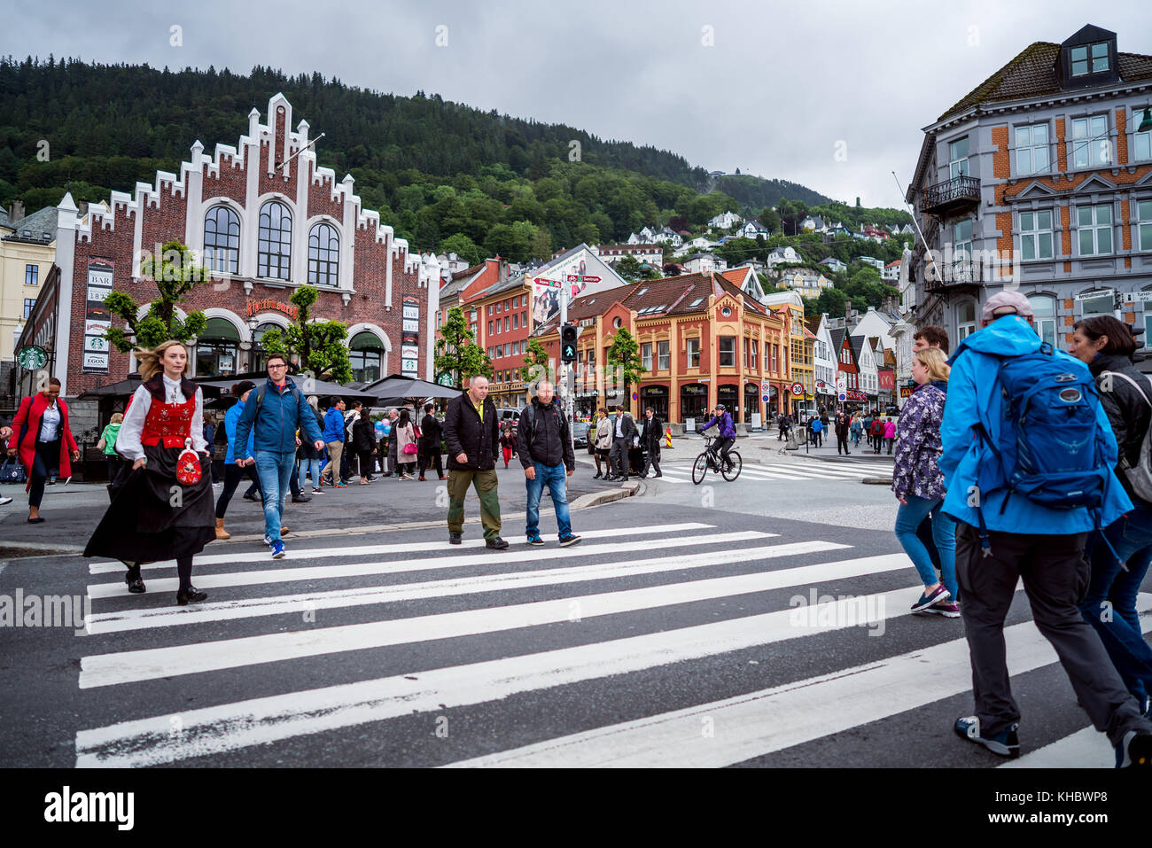 BERGEN, NORWAY - JUNE 15,2017: Bergen is a city and municipality in Hordaland on the west coast of Norway.The Central street of Bergen in Norway a his Stock Photo