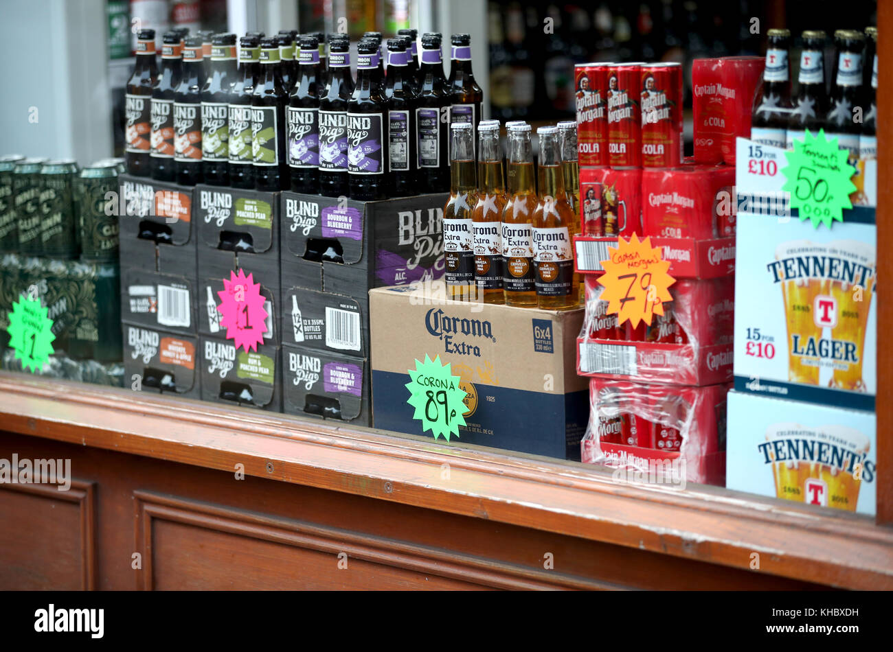 Alcohol for sale in an Edinburgh off-licence shop as Scotland will become the first country in the world to introduce minimum unit pricing for alcohol. Stock Photo