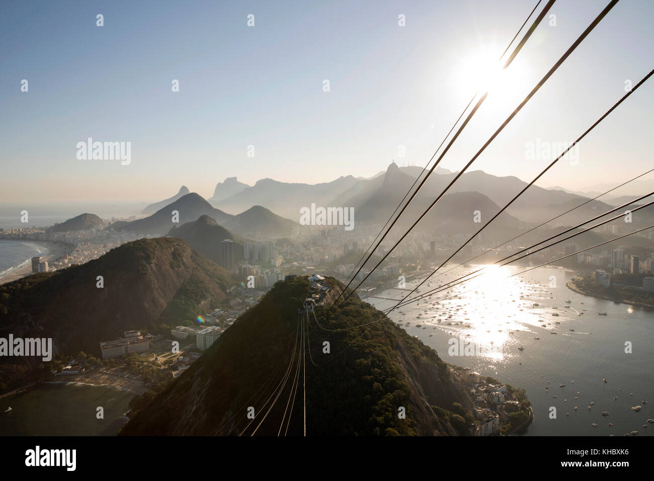 Gondola to the Sugar Loaf Mountain with views of the city and surrounding area, Rio de Janeiro, Brazil Stock Photo