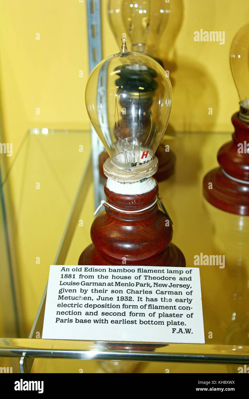 Edison's first bamboo lamp  at the Edison and Ford Winter Estates museum at Ft Myers, Florida Stock Photo