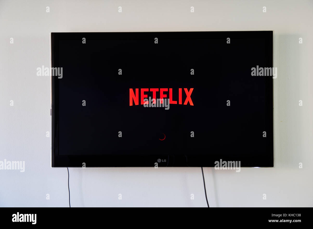 MONTREAL, CANADA - NOVEMBER 15, 2017: Netflix logo on LG TV. Netflix is an American entertainment company founded by Reed Hastings and Marc Randolph o Stock Photo