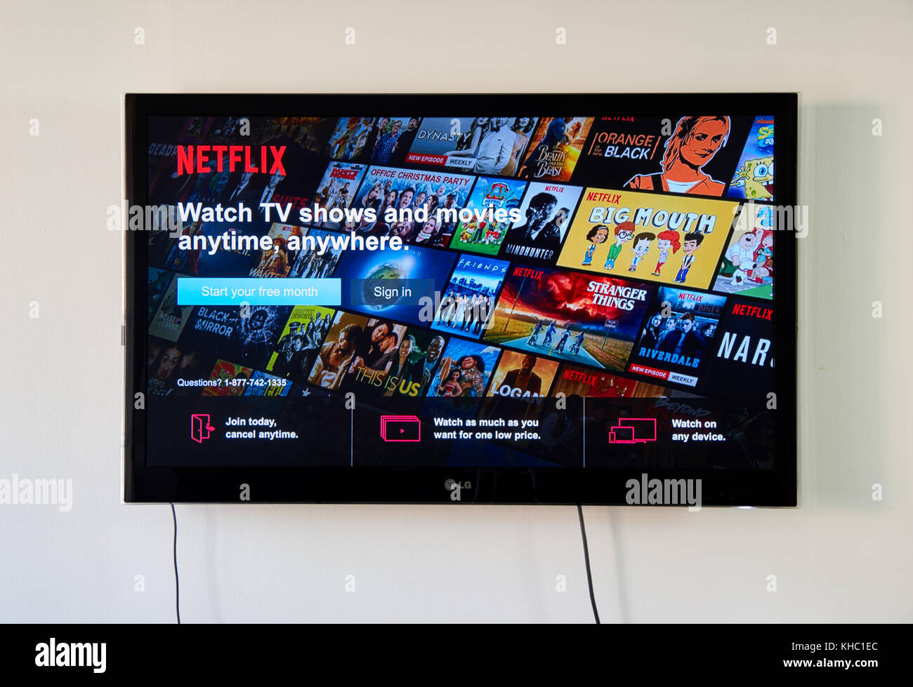 MONTREAL, CANADA - NOVEMBER 15, 2017: Netflix Sign In and free trial page on LG TV. Netflix is an American entertainment company founded by Reed Hasti Stock Photo