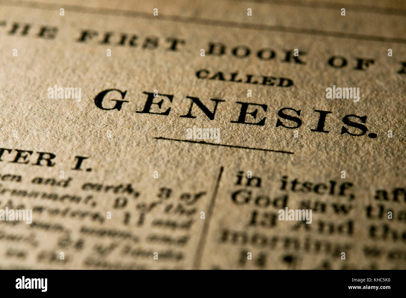 close up of the Holy Bible page of Genesis Stock Photo