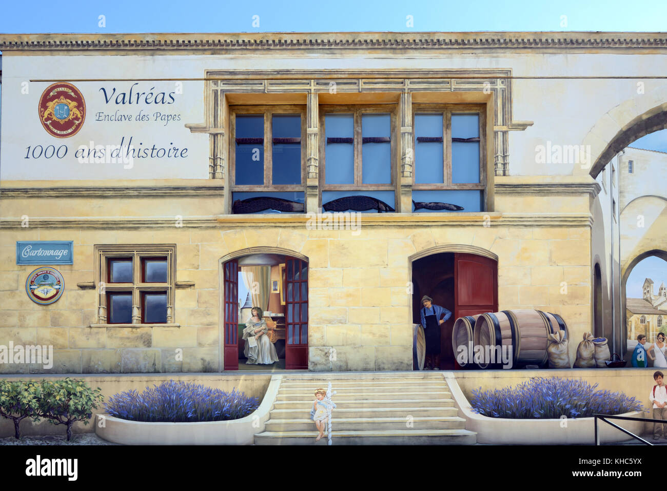Trompe l'Oeil Wall Painting, former Railway Station Building, Showing Wine  Barrels or Winery, \u0026 Fake Medieval Architecture, Valreas, Provence, France  Stock Photo - Alamy, image size:1300x957