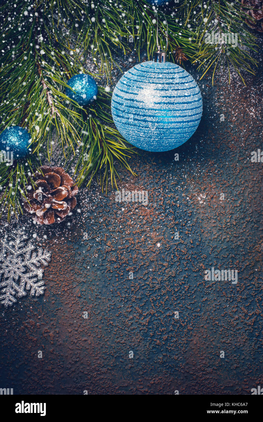 Christmas background with natural fir branches and blue balls Stock ...
