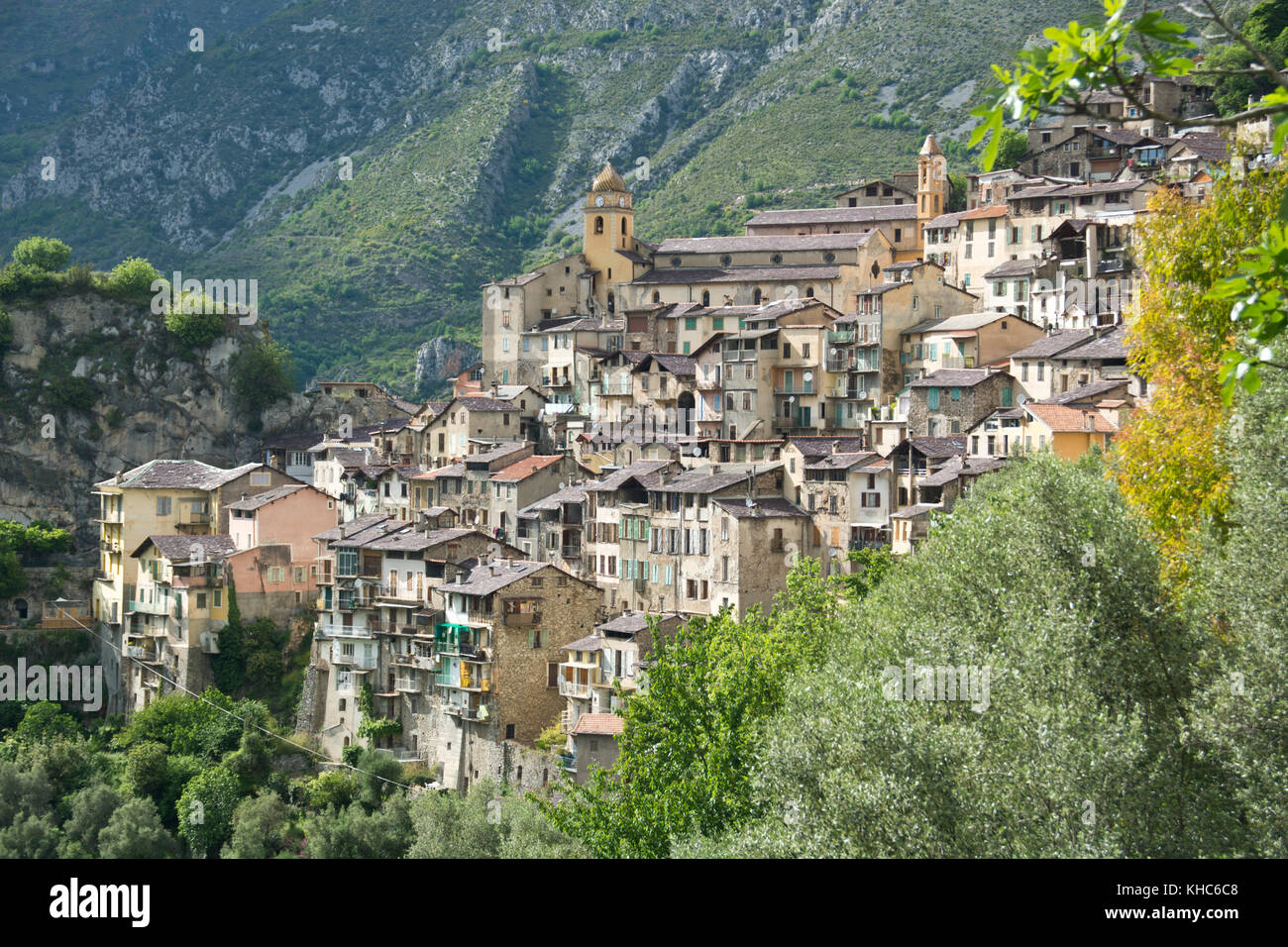 Picturesque French mountain village Saorge *** Local Caption *** France, Alpes du Sud, Mercantour, Saorge, village, old, ancient, mountains, hills, tr Stock Photo
