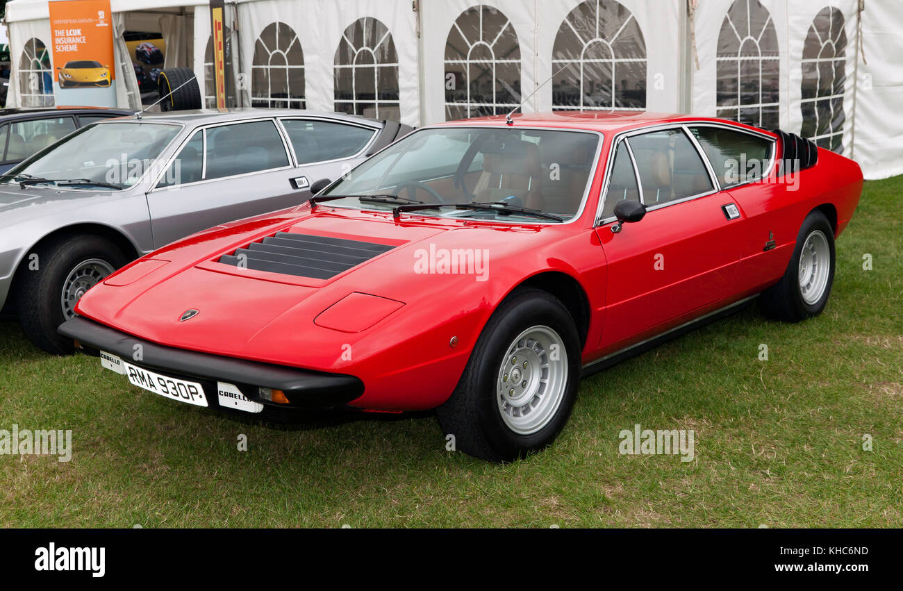 Three-quarter front view of a red, Lamborghini Urraco, on  display at the 2017 Silverstone Classic Stock Photo