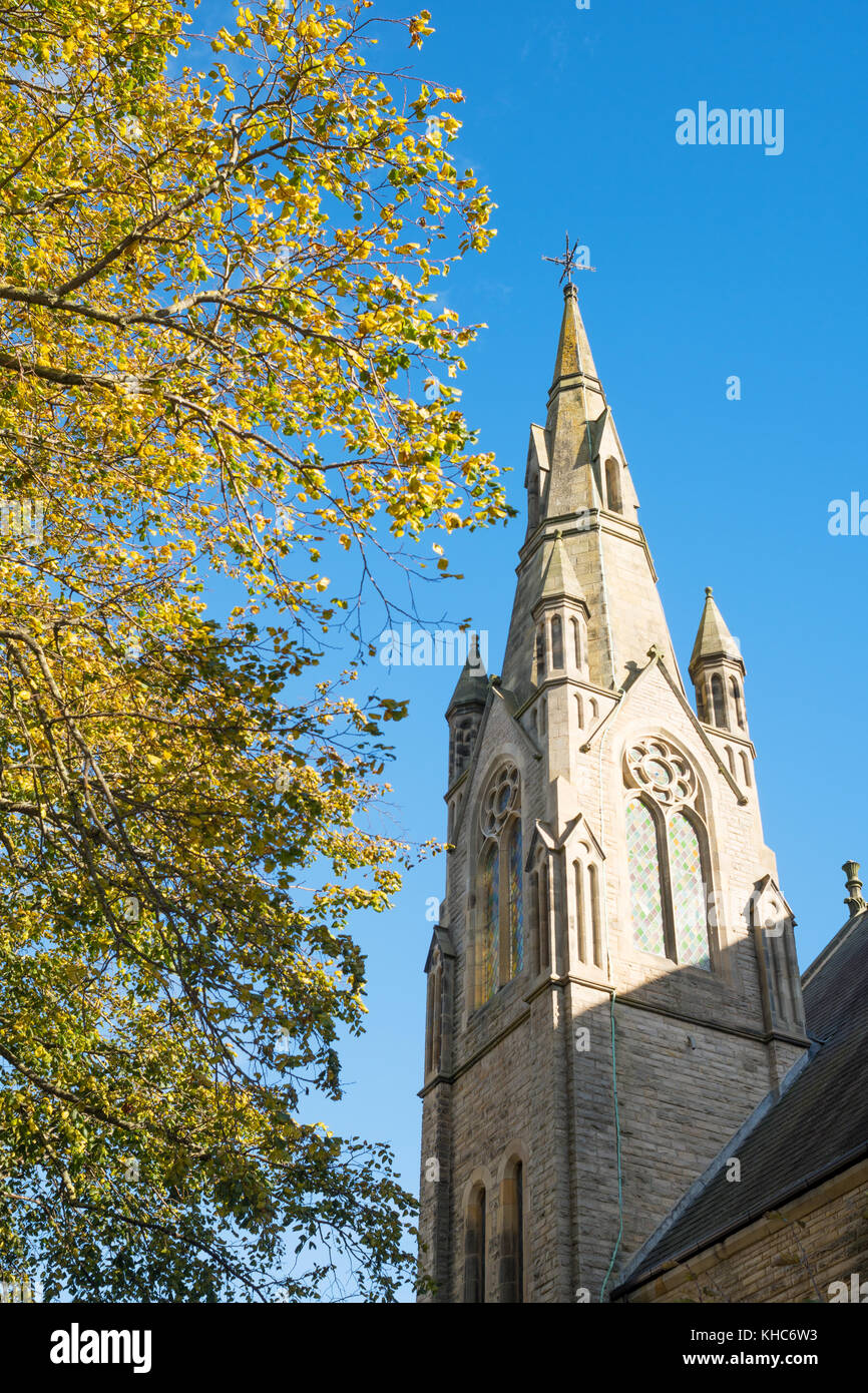 The steeple or spire of Trinity Methodist Church, Barnard Castle, Co. Durham, England, UK Stock Photo