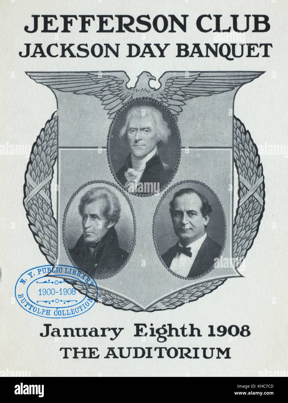 Menu cover with the portraits of Thomas Jefferson, Andrew Jackson, and William Jennings Bryan, for the Jackson Day Banquet held by the Jefferson Club at the Auditorium, Chicago, Illinois, 1908. From the New York Public Library. Stock Photo