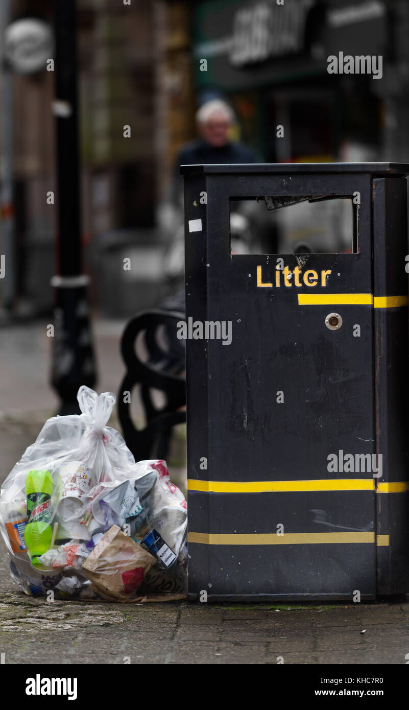 Rubbish bin on the pedestrainised high street at Kettering, England