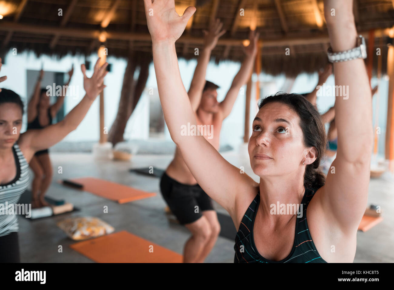 Group exercise. Yoga retreat Puerto Vallarta - Mismaloya, Mexico Stock Photo
