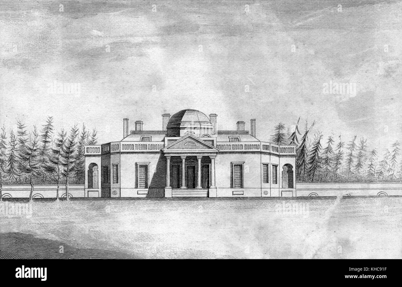 Engraving from a painting of Monticello, the main house on the primary plantation of Thomas Jefferson, designated as a National Historic Landmark in 1960, Albemarle County, Virginia, 1820. From the New York Public Library. Stock Photo