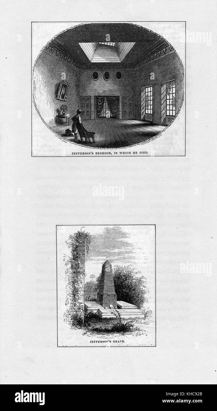 Two etchings appear in a column, the top depicting the bedroom where Thomas Jefferson died, the lower image depicting Jefferson's grave, 1800. From the New York Public Library. Stock Photo