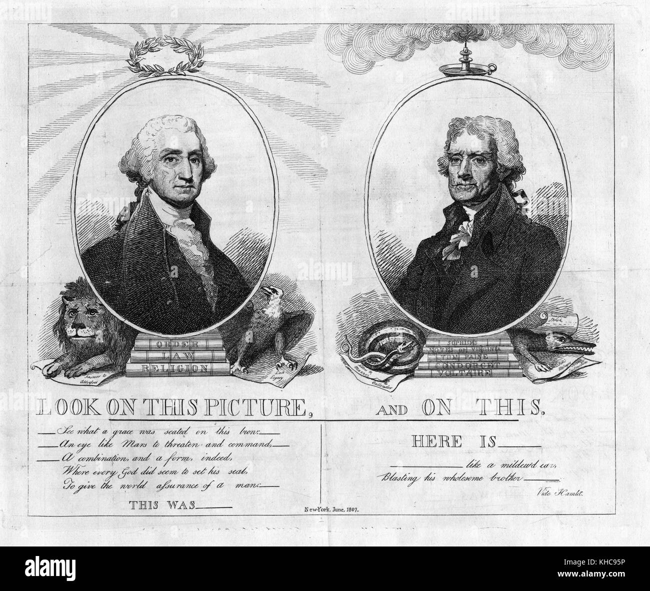 An engraving of a political cartoon comparing George Washington and Thomas Jefferson, using select quotations from Hamlet and symbolic imagery to favorably compare Washington to his rival Jefferson, Washington is shown as being noble and powerful while Jefferson is depicted with a snake and a candle that puts out smoke rather than light, Washington, DC, 1807. From the New York Public Library. Stock Photo