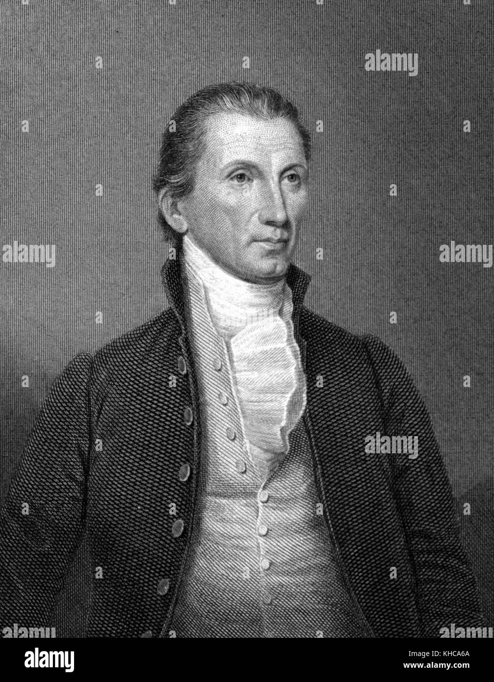Engraving from a half length portrait of James Monroe, engraving by American artist Asher Brown Durand, 1826. From the New York Public Library. Stock Photo