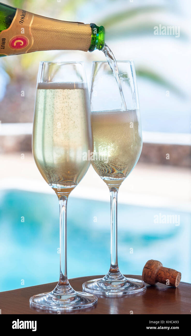 CODORNIU LUXURY LIFESTYLE CHAMPAGNE Pouring glasses of Spanish Codorniu Cava Brut sparkling wine alfresco, with luxury vacation infinity pool and palm tree in background Stock Photo