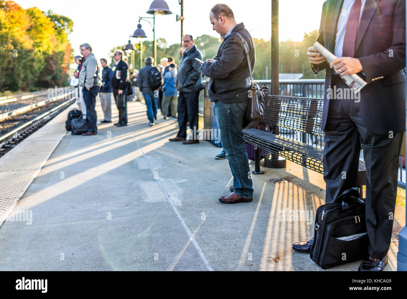 Burke, USA October 27, 2017 Many people waiting on platform for VRE