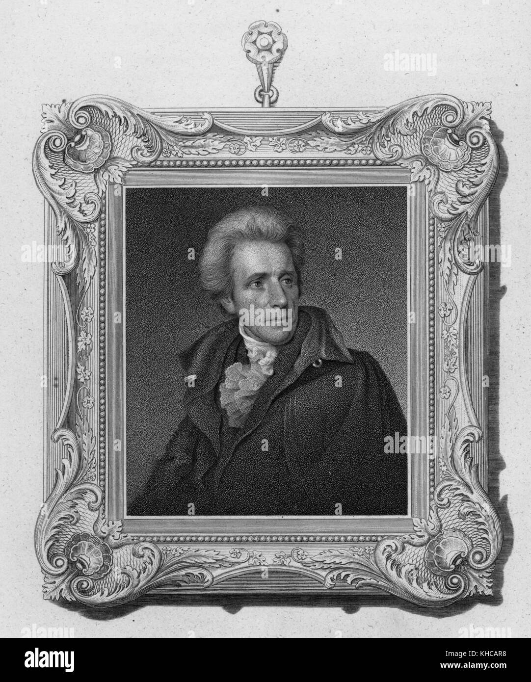 Engraved half length portrait of Andrew Jackson, seventh President of the United States, framed, ornate frame is part of the engraved image, 1881. From the New York Public Library. Stock Photo