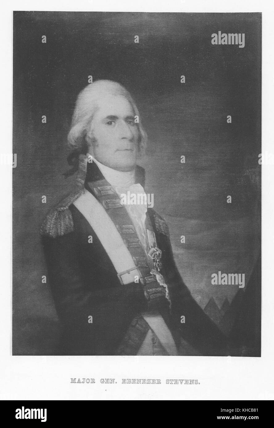 Half length engraved portrait of Major General Ebenezer Stevens, lieutenant colonel in the Continental Army during the American Revolution, 1900. From the New York Public Library. Stock Photo