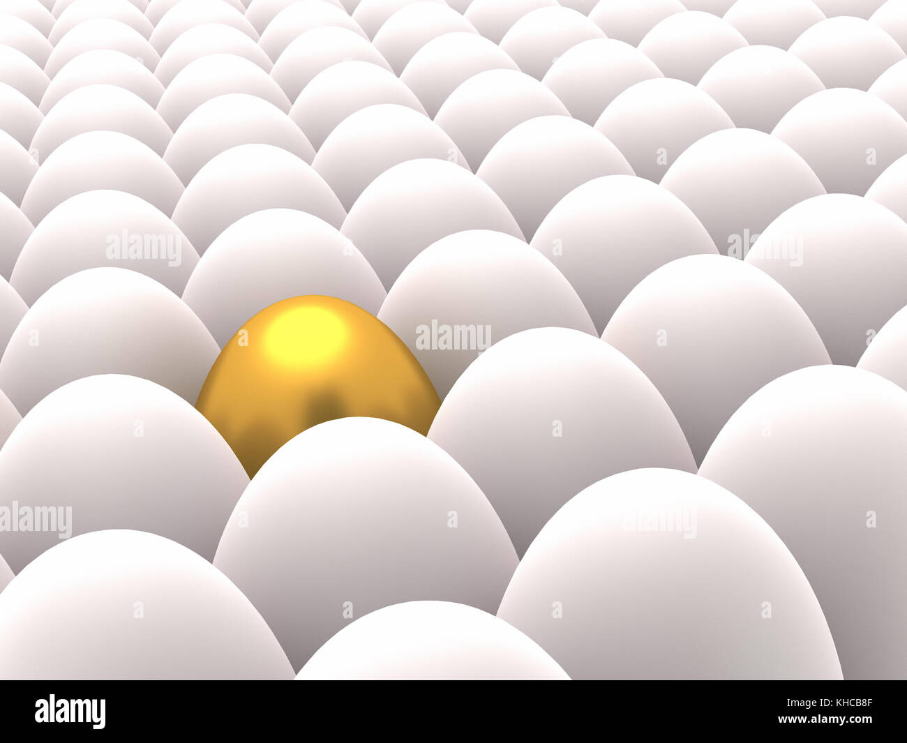 3D rendering of rows of white eggs with one golden egg among Stock Photo