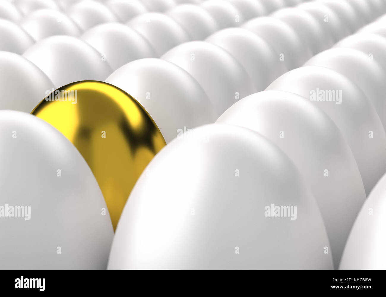 3D rendering of rows of white eggs with one golden egg among Stock Photo