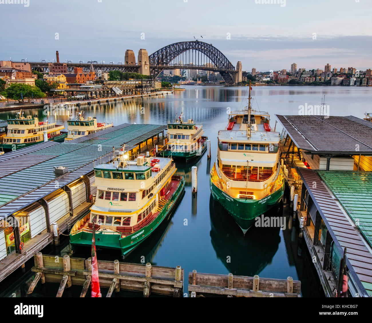 Circular Quay and The Harbour Bridge early in the morning in Sydney, New South Wales (NSW), Australia Stock Photo