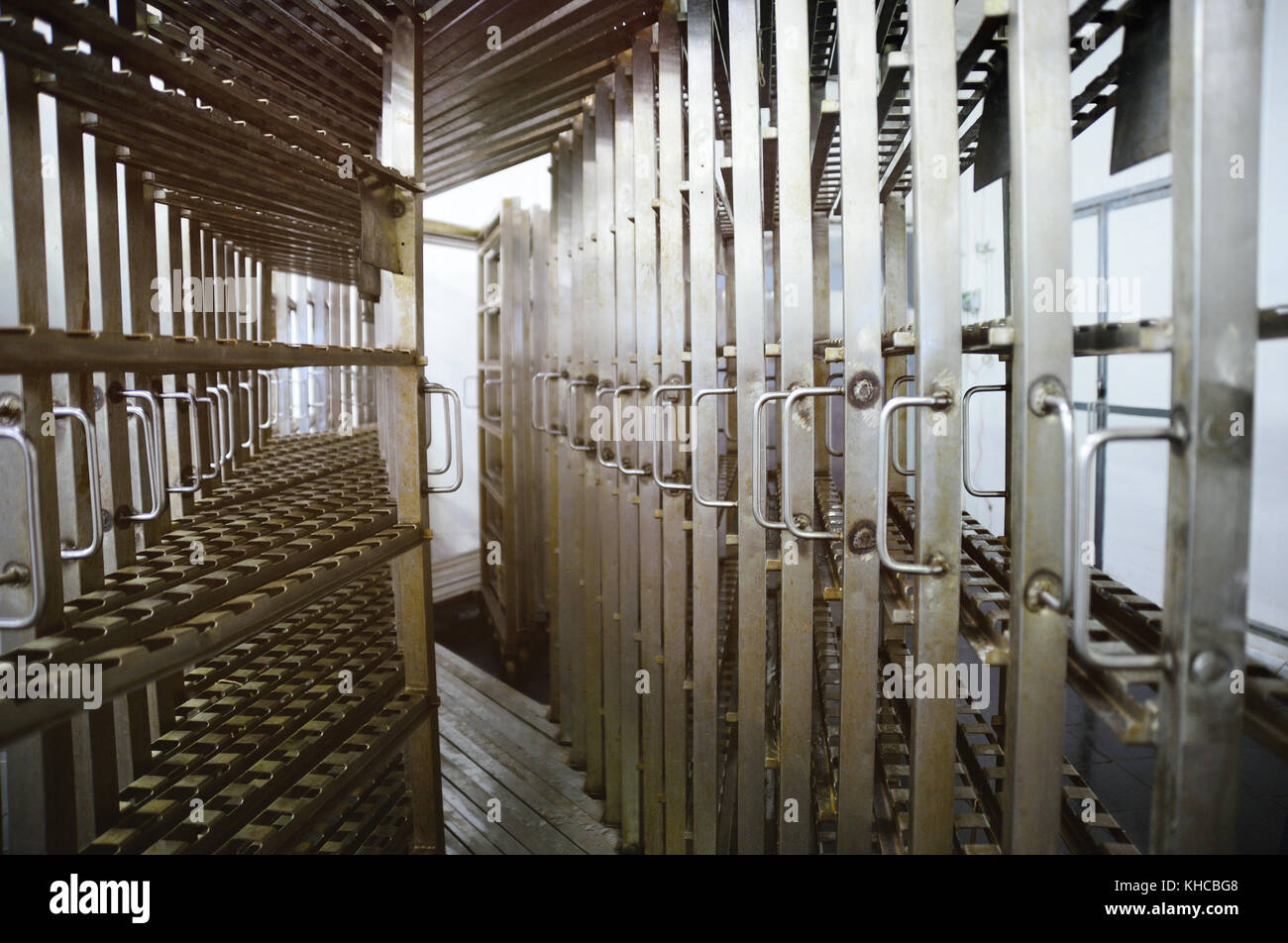 Meat Factory Rack shelves for smoked sausages at the meat factory Stock Photo - Alamy