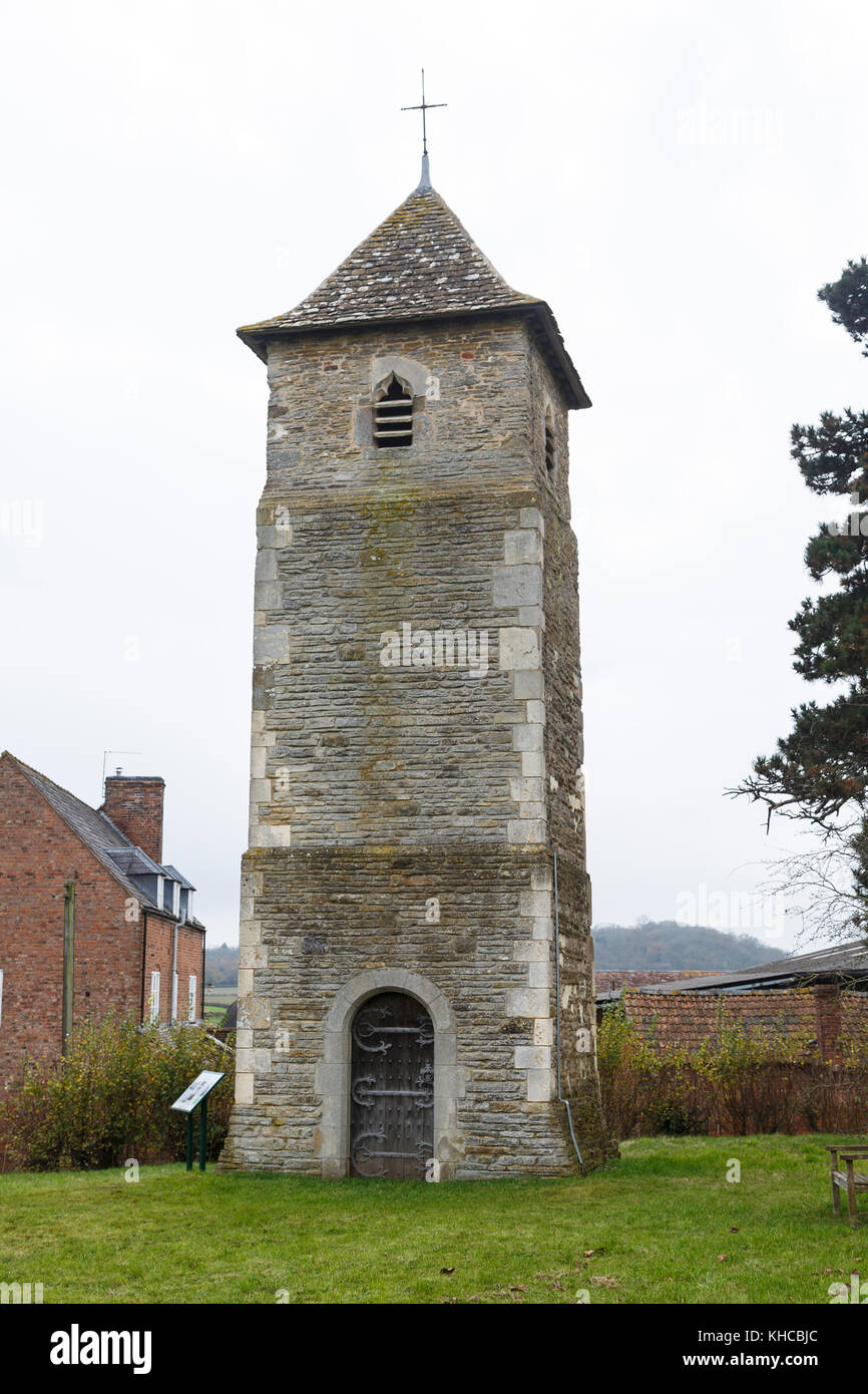 St. Oswald's Church, Lassington, Gloucestershire. Only the tower survives.  Built in the 11th century, administered by The Churches Conservation Trust Stock Photo