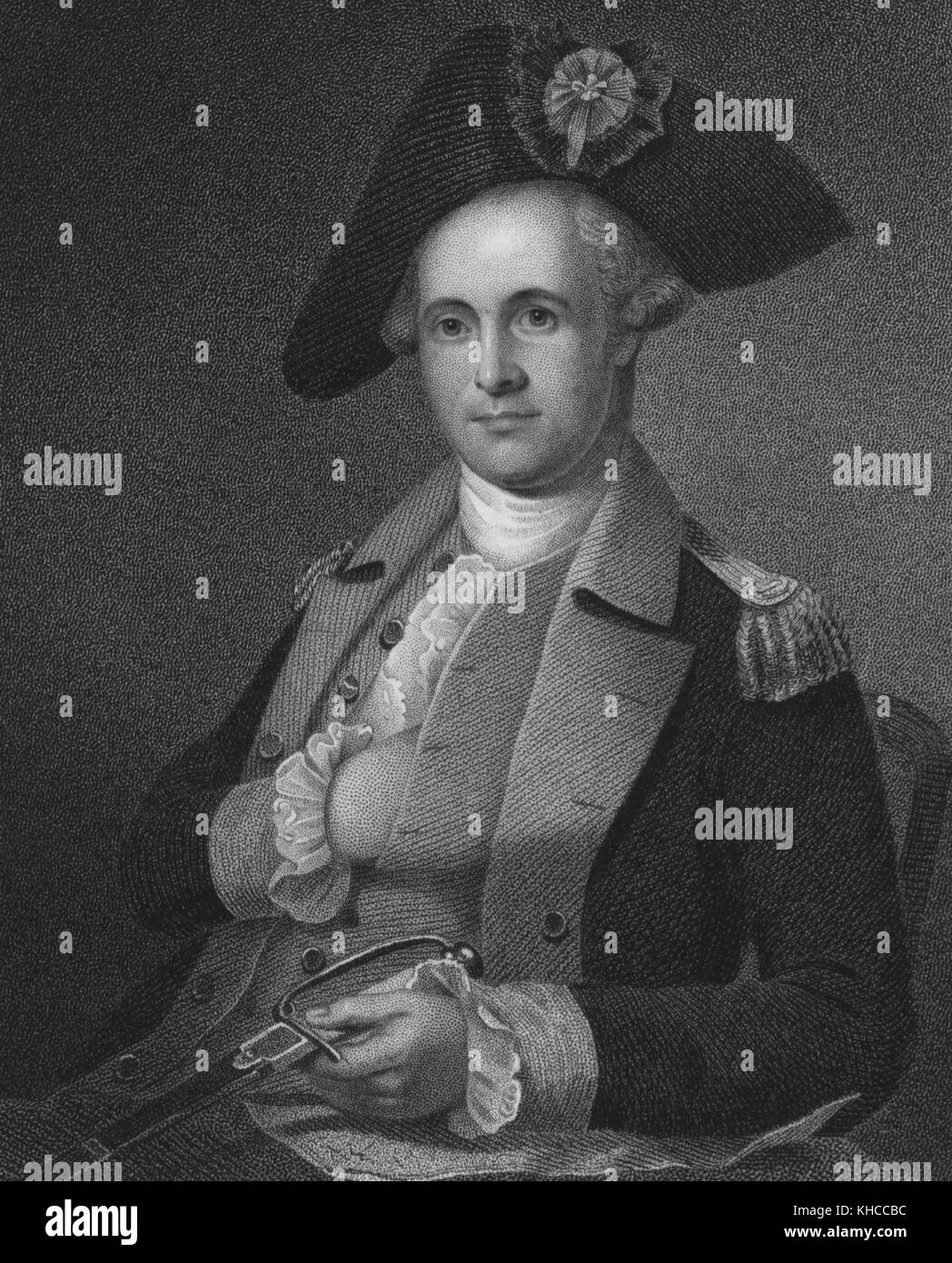 Engraved half length portrait of Mordecai Gist, member of a prominent Maryland family who became a general in command of the Maryland Line in the Continental Army during the American Revolutionary War, sitting, holding a sword, hand in his vest, Maryland, 1780. From the New York Public Library. Stock Photo
