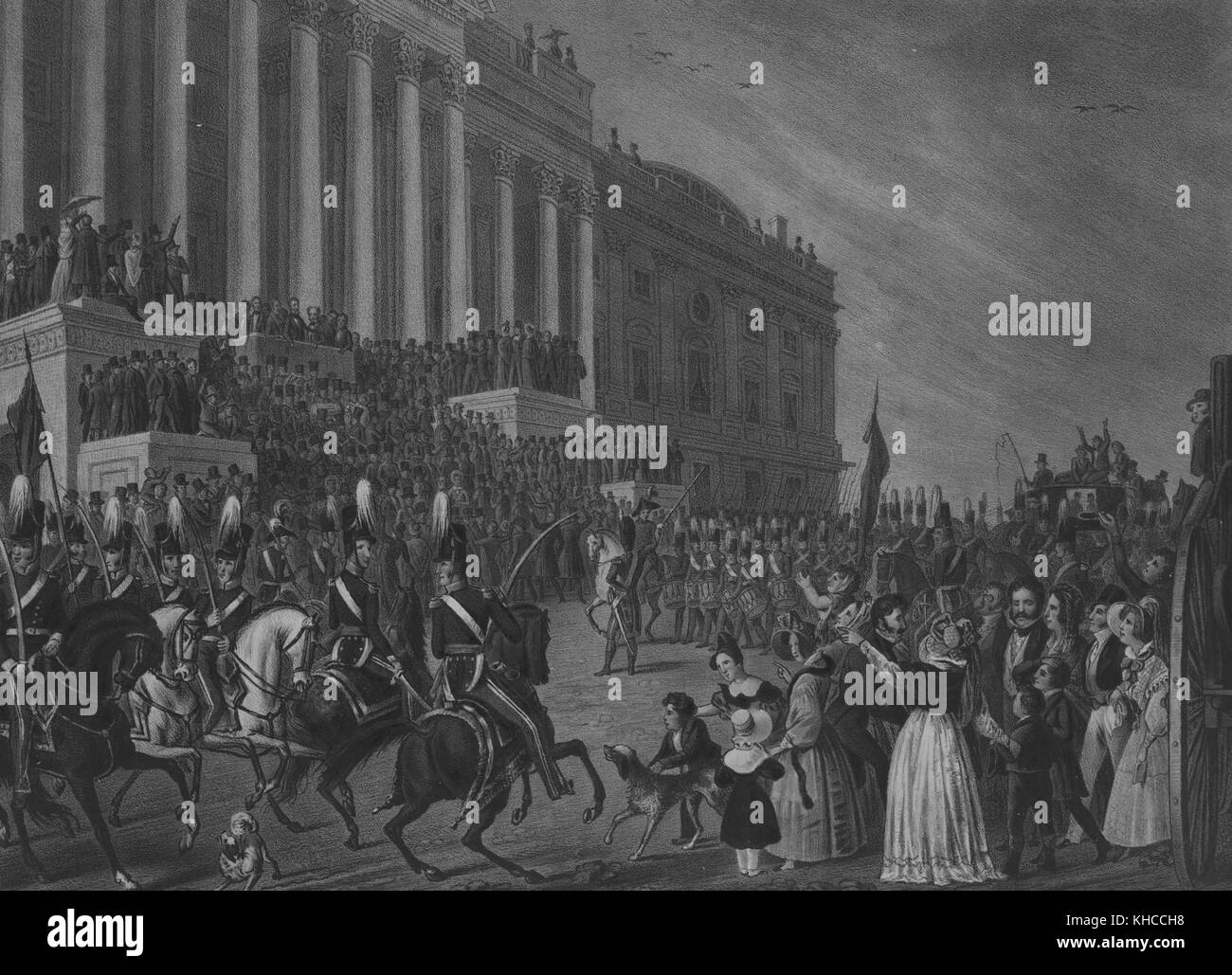 Lithograph of the Presidential inauguration of William Henry Harrison, in Washington, DC on the 4th of March 1841, Washington, DC, 1841. From the New York Public Library. Stock Photo