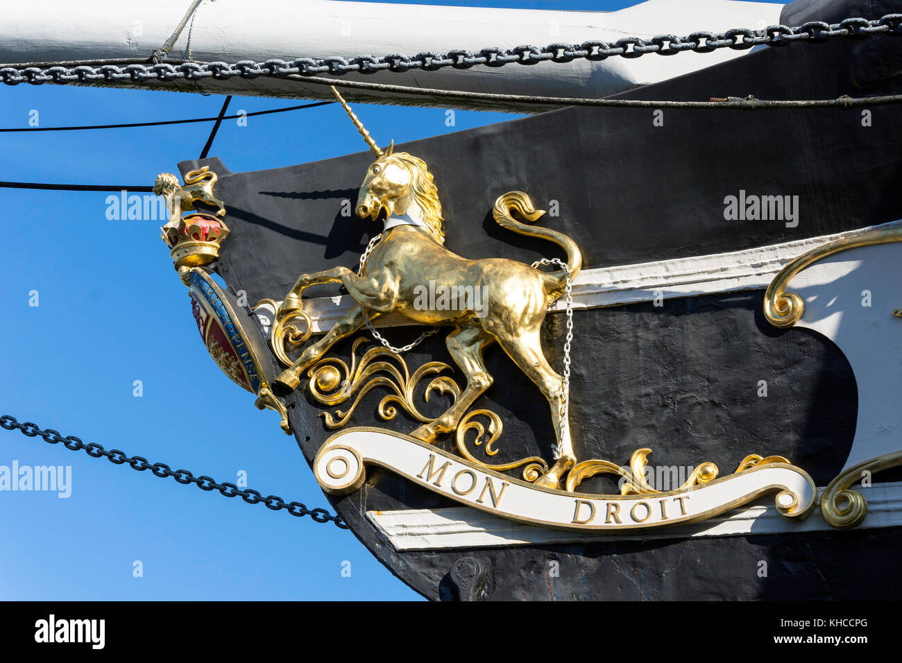 Royal coat of arms of the United Kingdom on bow of Brunel's SS Great Britain, Great Western Dockyard, Spike Island, Bristol, England, United Kingdom Stock Photo
