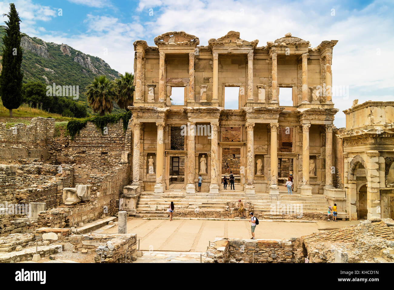Ancient Roman Archaeological site with facade of the Library of Celsus