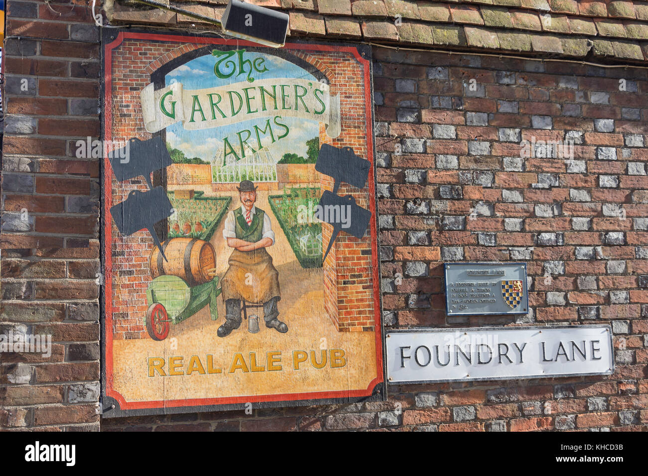 The Gardener's Arms Pub sign, Foundry Lane, Lewes, East Sussex, England, United Kingdom Stock Photo