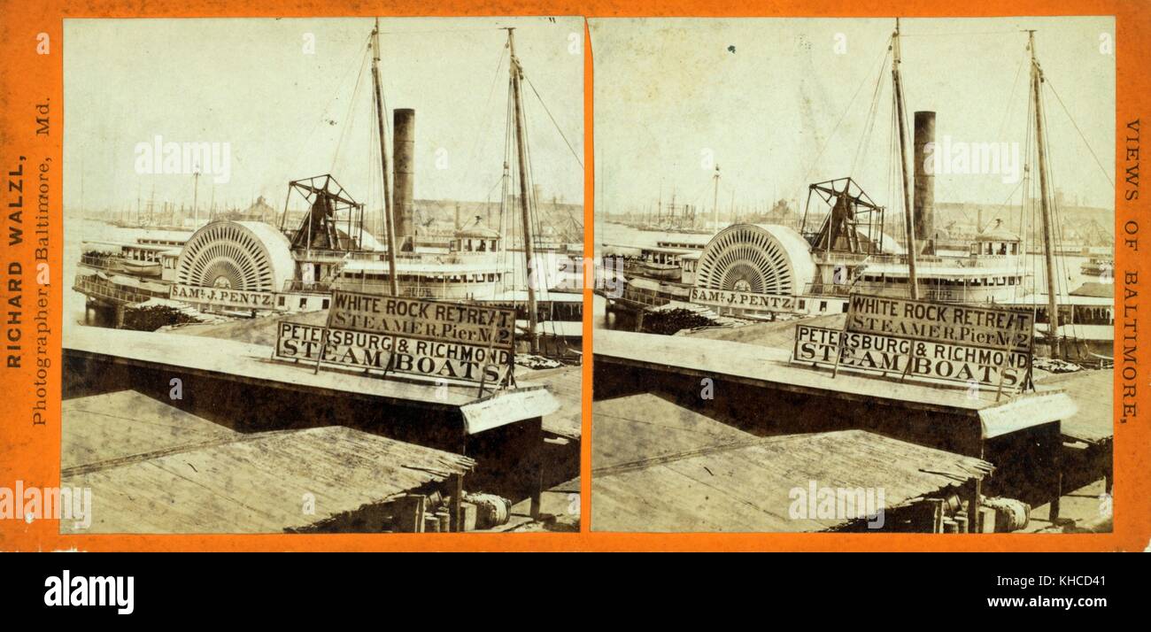 Steam boat wharf and Federal Hill, Baltimore, Maryland, 1866. From the New York Public Library. Stock Photo