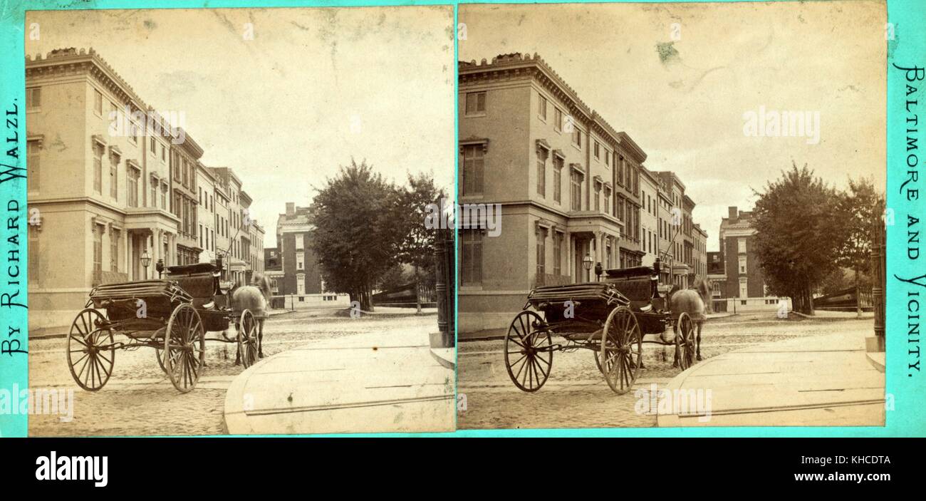 Mt Vernon Place, southwest from Washington Monument, carriage in foreground, Baltimore, Maryland, 1880. From the New York Public Library. Stock Photo