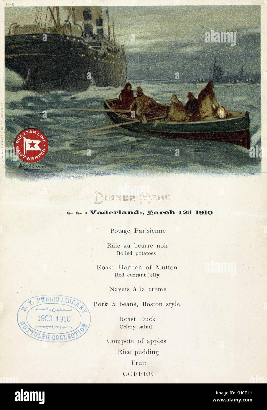 Menu of a dinner held by Red Star Line Antwerpen aboard S S Vaderland, with artwork of people on a boat rowing toward a steam liner, March 12, 1910. From the New York Public Library. Stock Photo