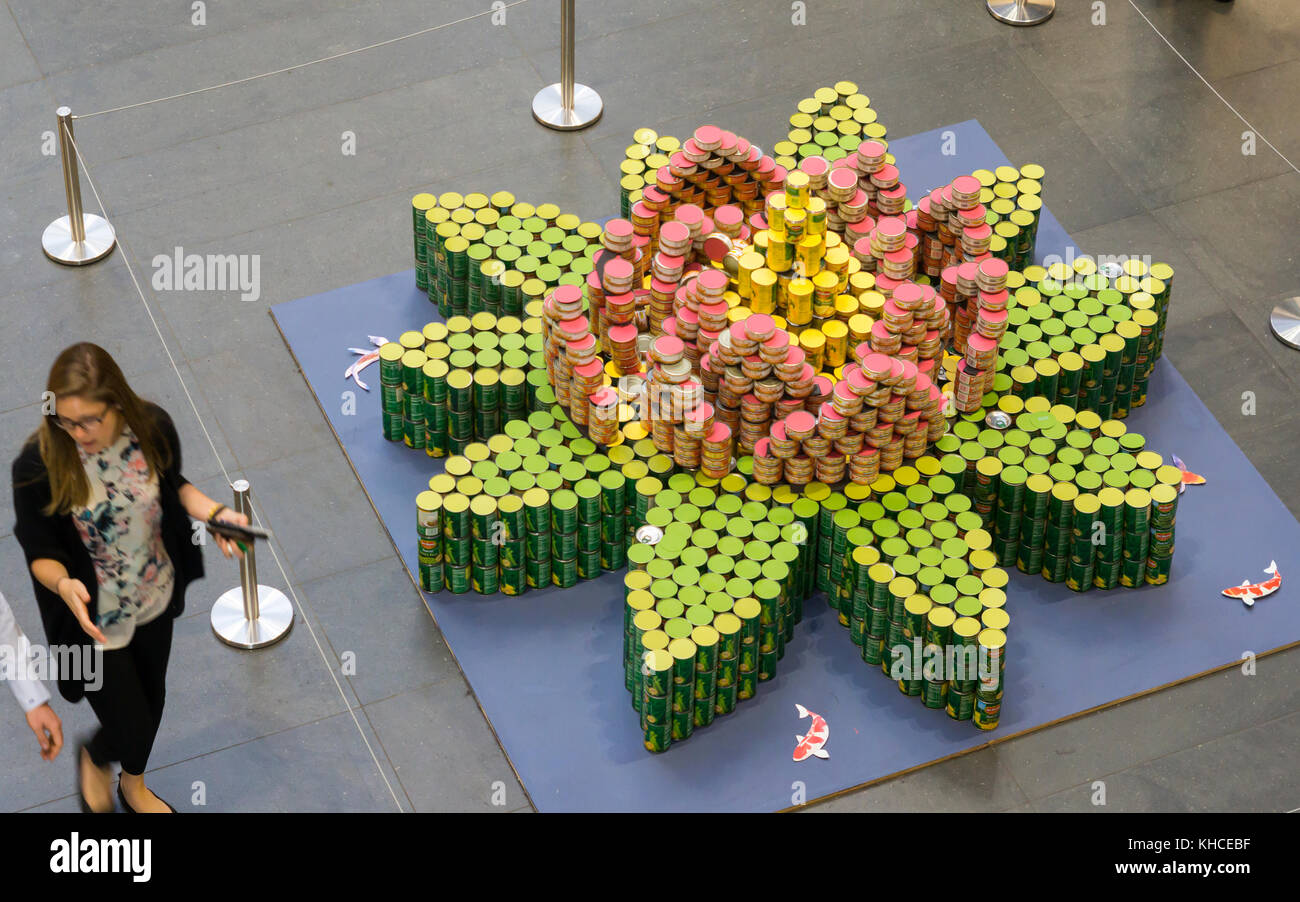 May Kindness Bloom by AKF Engineers in the 25th annual Canstruction Design Competition in New York, seen on Tuesday, November 7, 2017, on display in Brookfield Place in New York. Architecture and design firm participate to design and build giant structures made from cans of food.  The cans are donated to City Harvest at the close of the exhibit. Over 100,000 cans of food are collected and will be used to feed the needy at 500 soup kitchens and food pantries. (© Richard B. Levine) Stock Photo