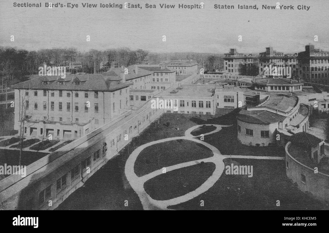 An aerial photograph of the many sprawling buildings at Sea View Hospital, at the time it was constructed it was the largest and most expensive complex for the treatment of tuberculosis, Willowbrook, State Island, New York, 1900. From the New York Public Library. Stock Photo