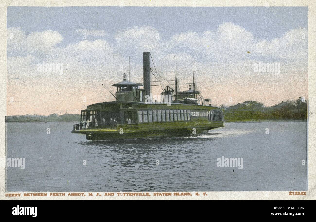 Colorized postcard showing a steamboat with passengers, on the water, titled Ferry between Perth Amboy, New Jersey, and Tottenville, Staten Island, New York, 1900. From the New York Public Library. Stock Photo