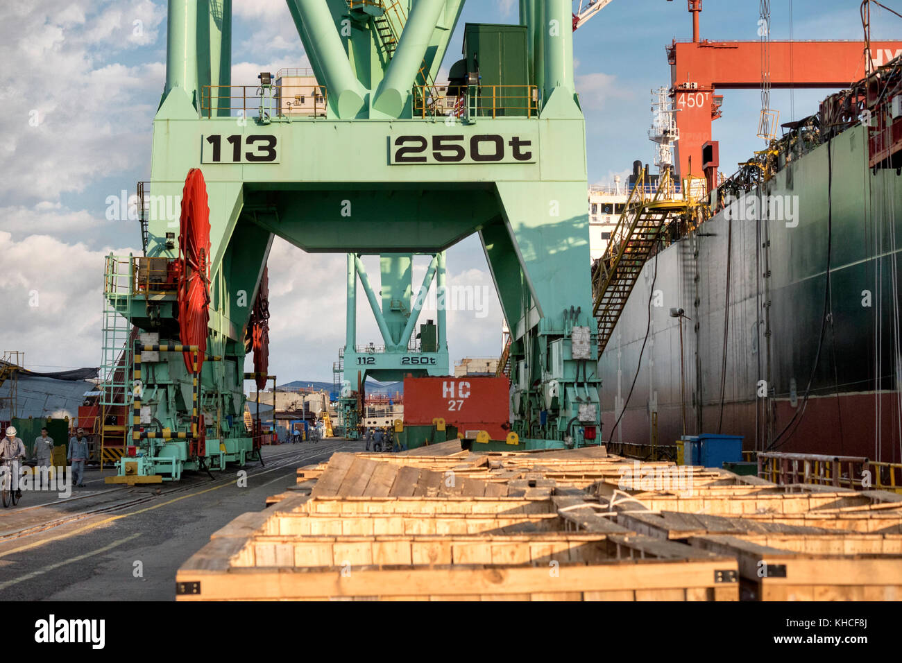 View of Detailed view of heavy duty lifting dock cranes in dockyard.. Camranh ...