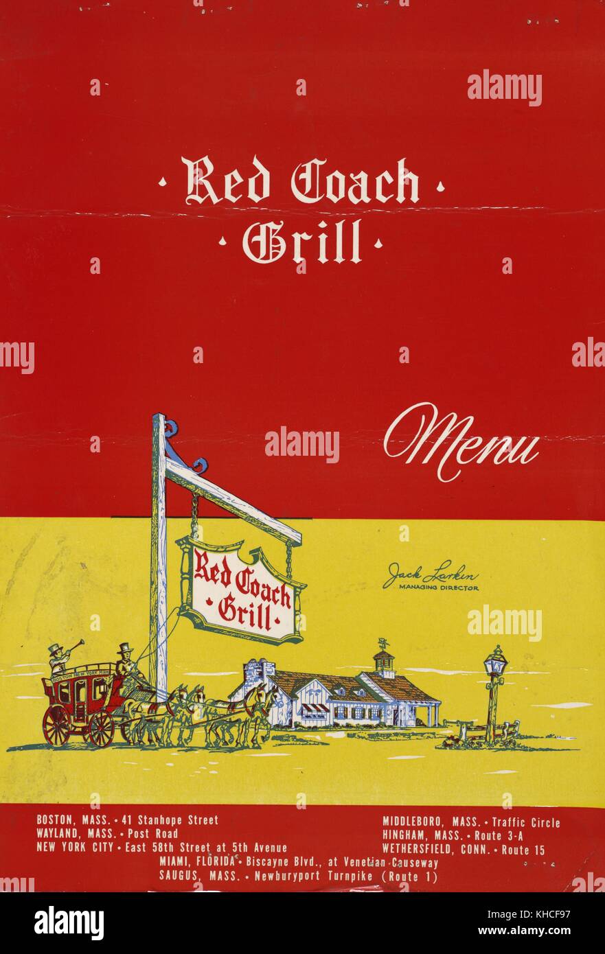 The cover of a menu from Red Coach Grill, it features an illustration of  the original location in Wayland, Massachusets, it was purchased by Howard  D Johnson in the 1930s and turned