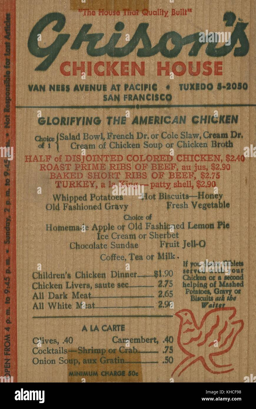 A menu from Grison's Chicken House, which was a restaurant founded in 1938 by Bob Grison, who was a famous restaurateur who was frequently written about in national magazines and saw his concepts imitated, San Francisco, California, 1900. From the New York Public Library. Stock Photo