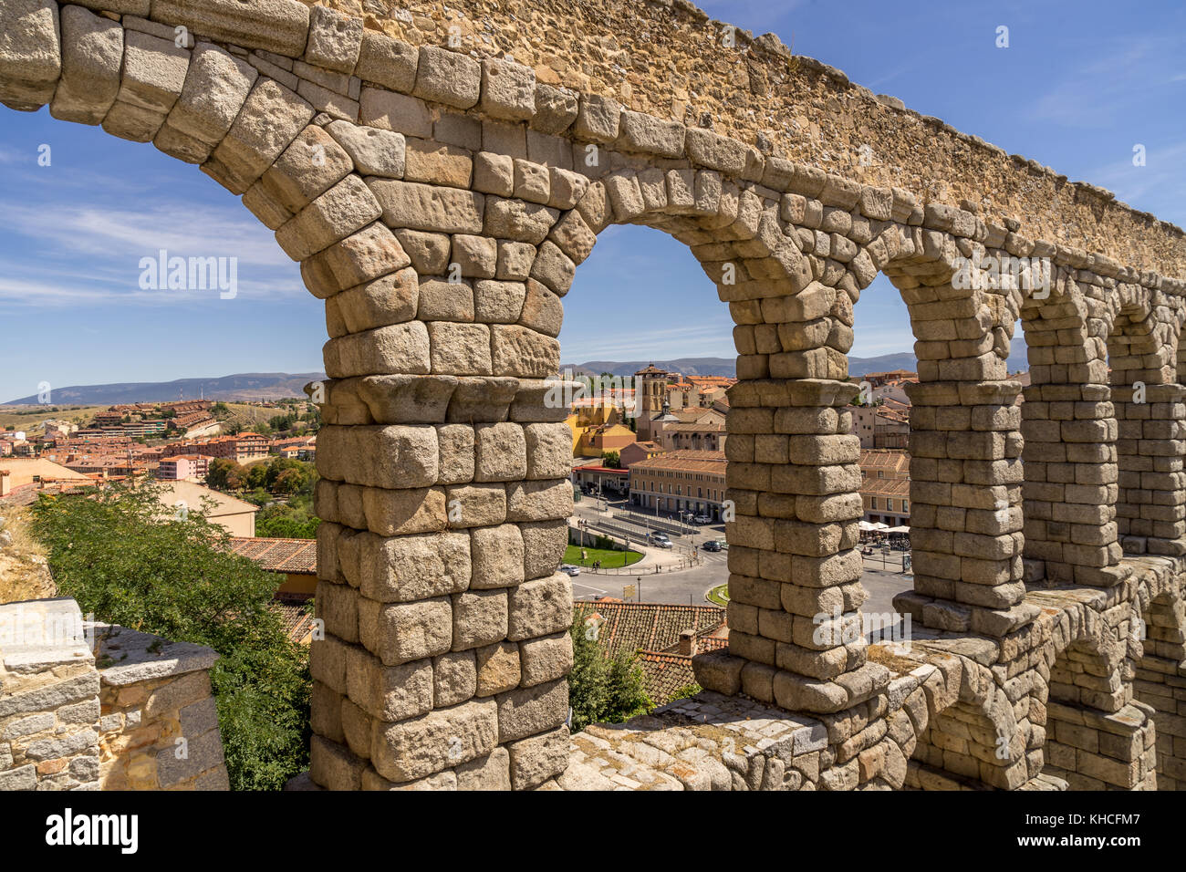 The ancient roman aqueduct in Segovia Spain. Stock Photo