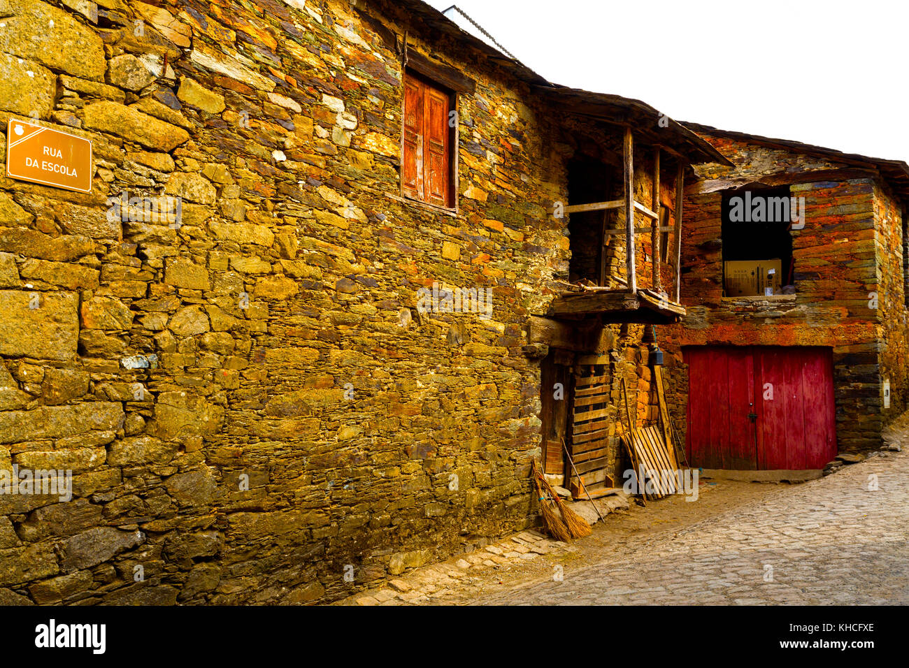 Rio de Onor is a village in northern Portugal with traditional houses on two levels being the upper level for the family and the lower level for anima Stock Photo
