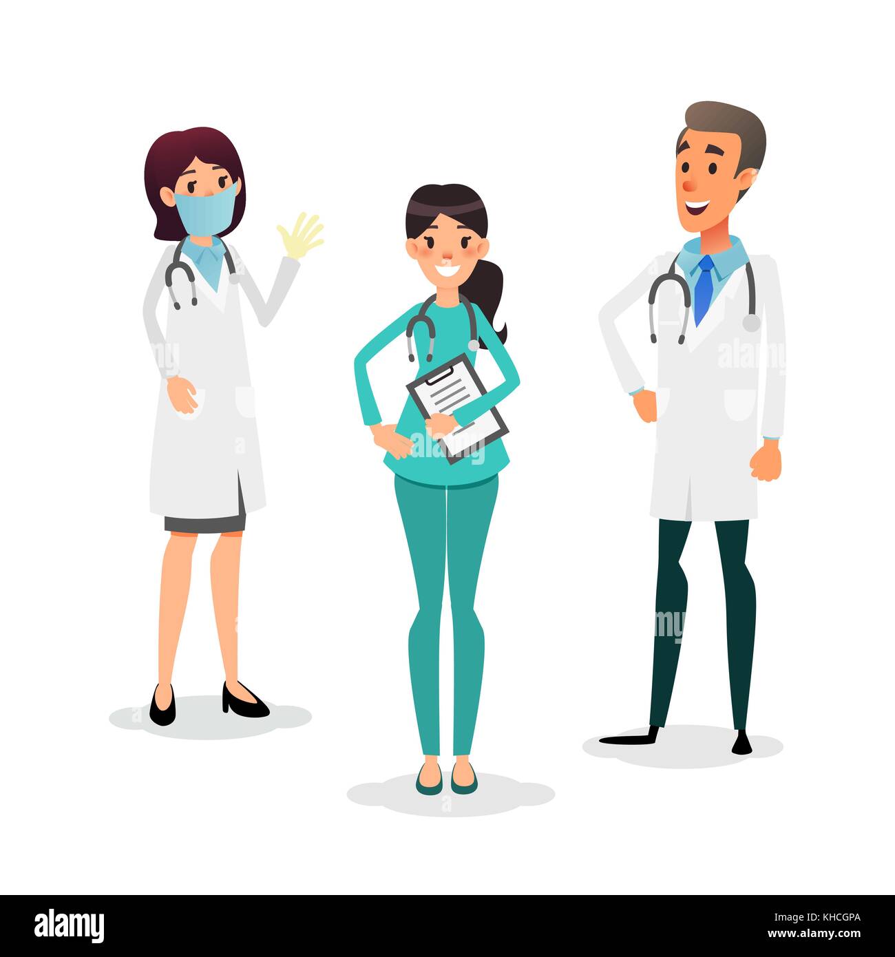 Doctors and nurses team. Cartoon medical staff. Medical team concept. Surgeon, nurse and therapist on hospital. Professional health workers. Stock Vector