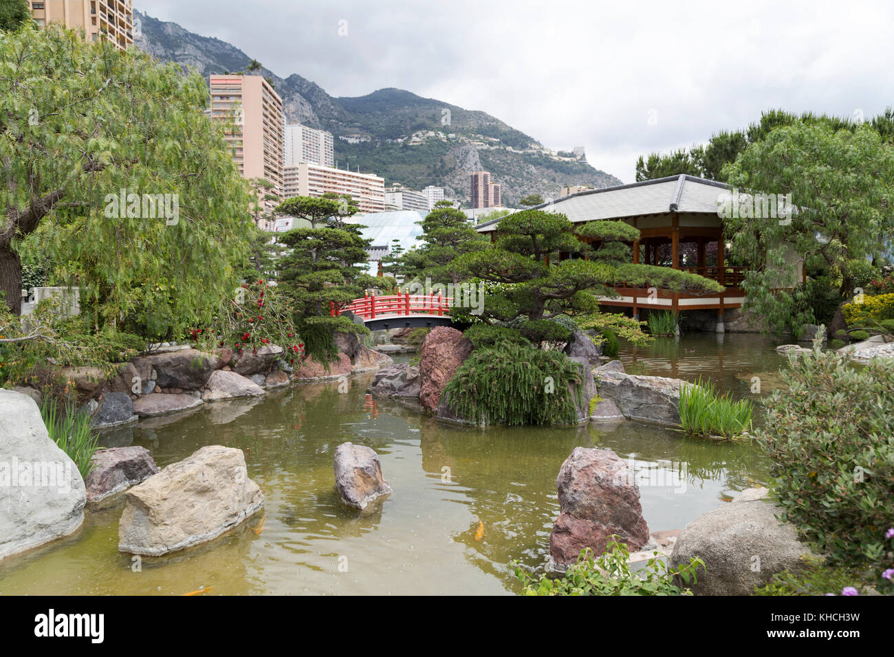 Monaco, view of the Japanese gardens 'Jardin Japonais de Monaco'. Stock Photo