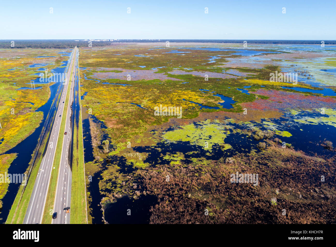 Gainesville Florida,Payne's Prairie Preserve State Park,savanna basin sink freshwater marsh,Route 441 highway,aerial overhead view,USA US United State Stock Photo