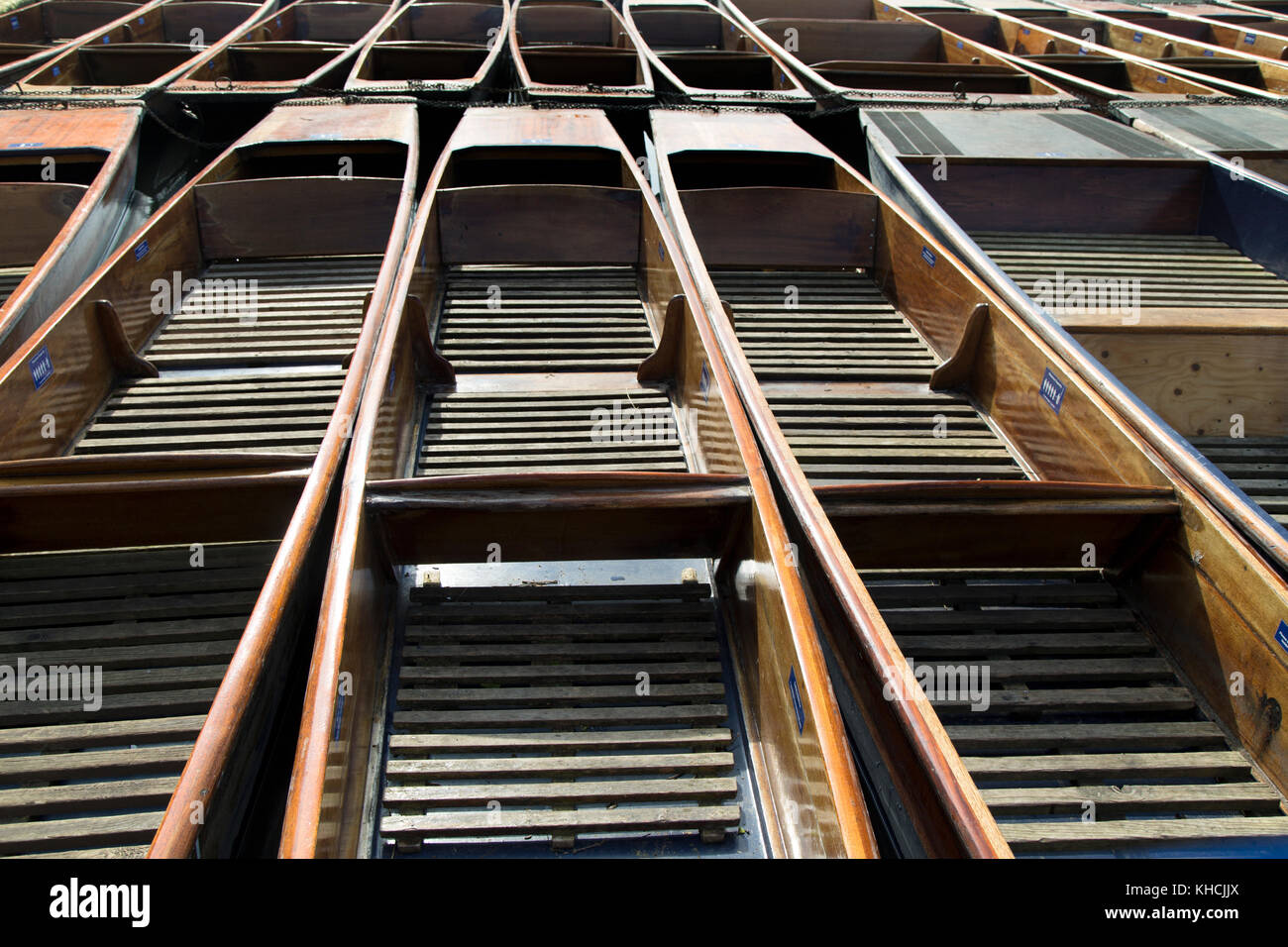 UK, Cambridge, UK, Cambridge, rows moored of punts. Stock Photo