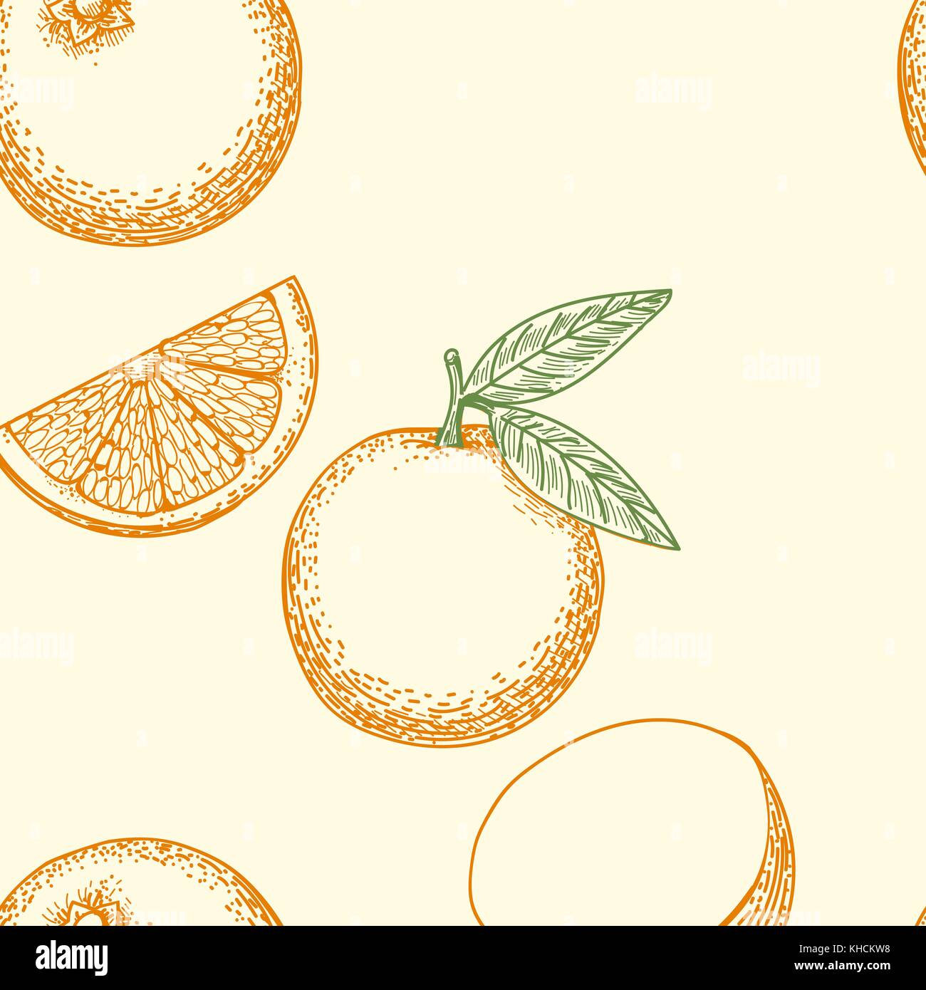 Orange fruit hand drawn pattern. Yellow oranges, green leaves and flowers seamless background pattern vector drawing Stock Vector