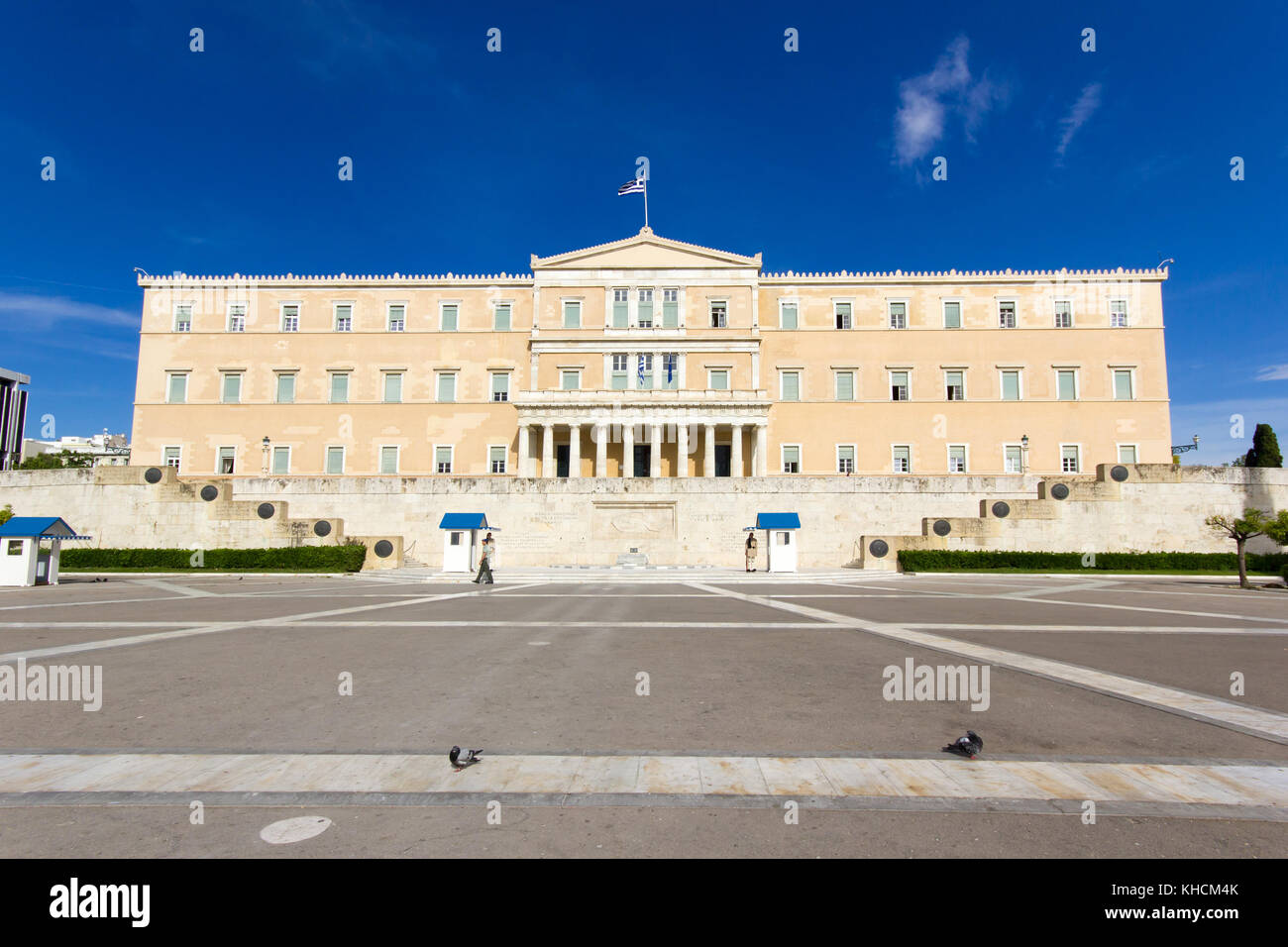 The Greek Presidential guard called Tsoliades dressed in traditional uniform at the monument of the unknown soldier in front of the Greek  parliament, Stock Photo